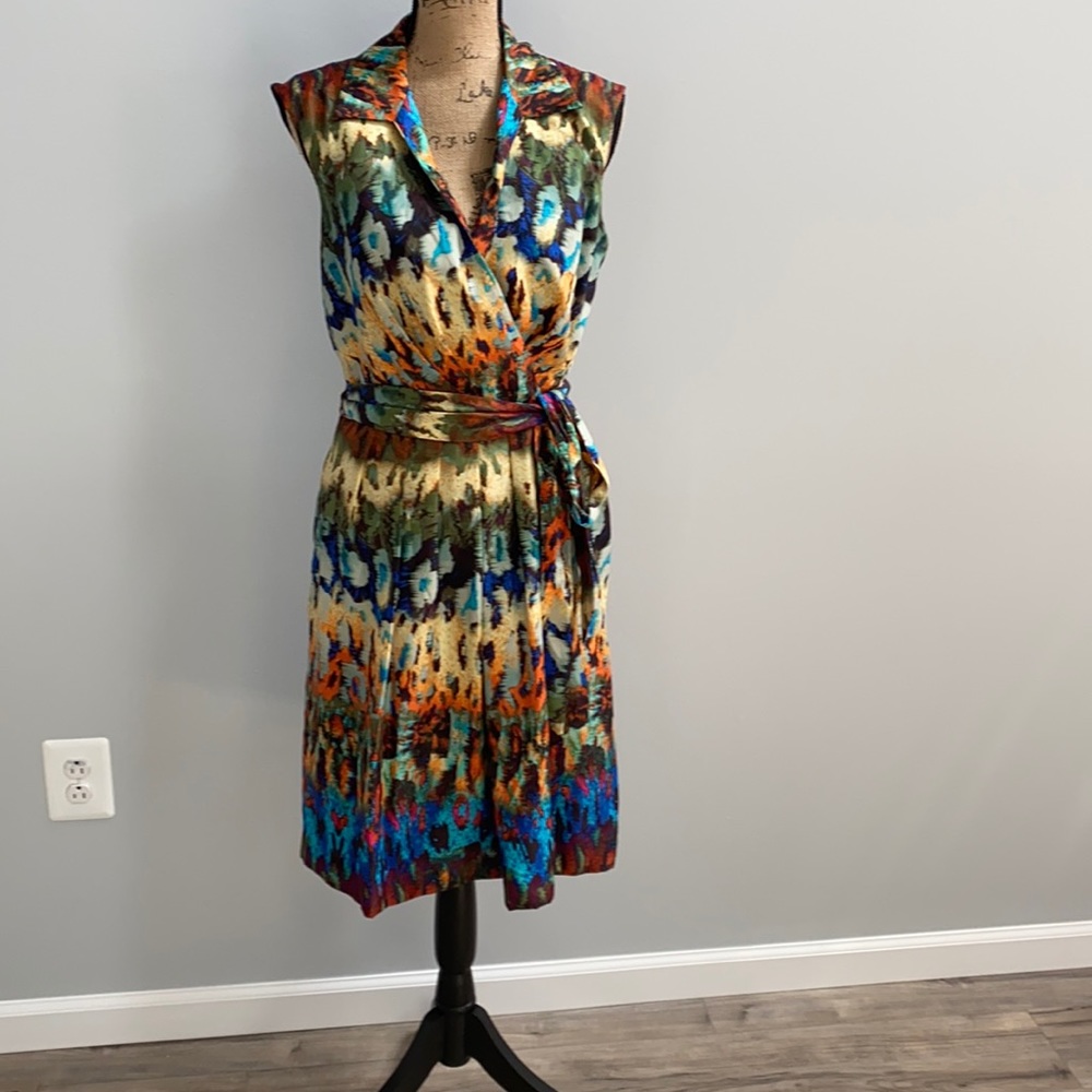 Ellen Tracy Multicolor Abstract Print Wrap Dress